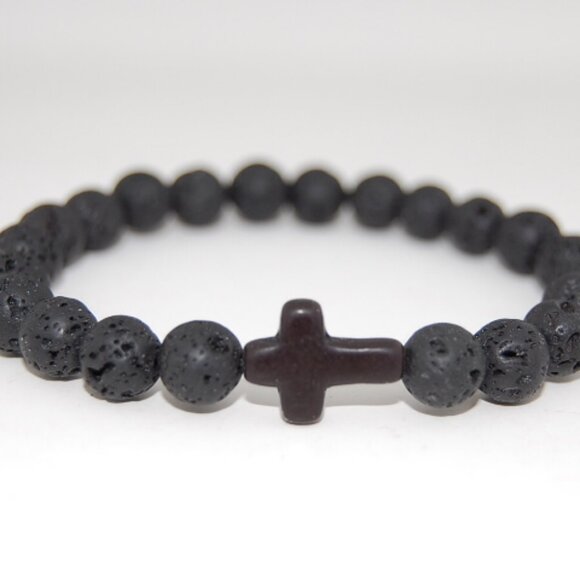 Cross Bracelet,Lava Bracelet,Cross Lava Bracelet,8mm Lava Stone Beads - Picture 1 of 2